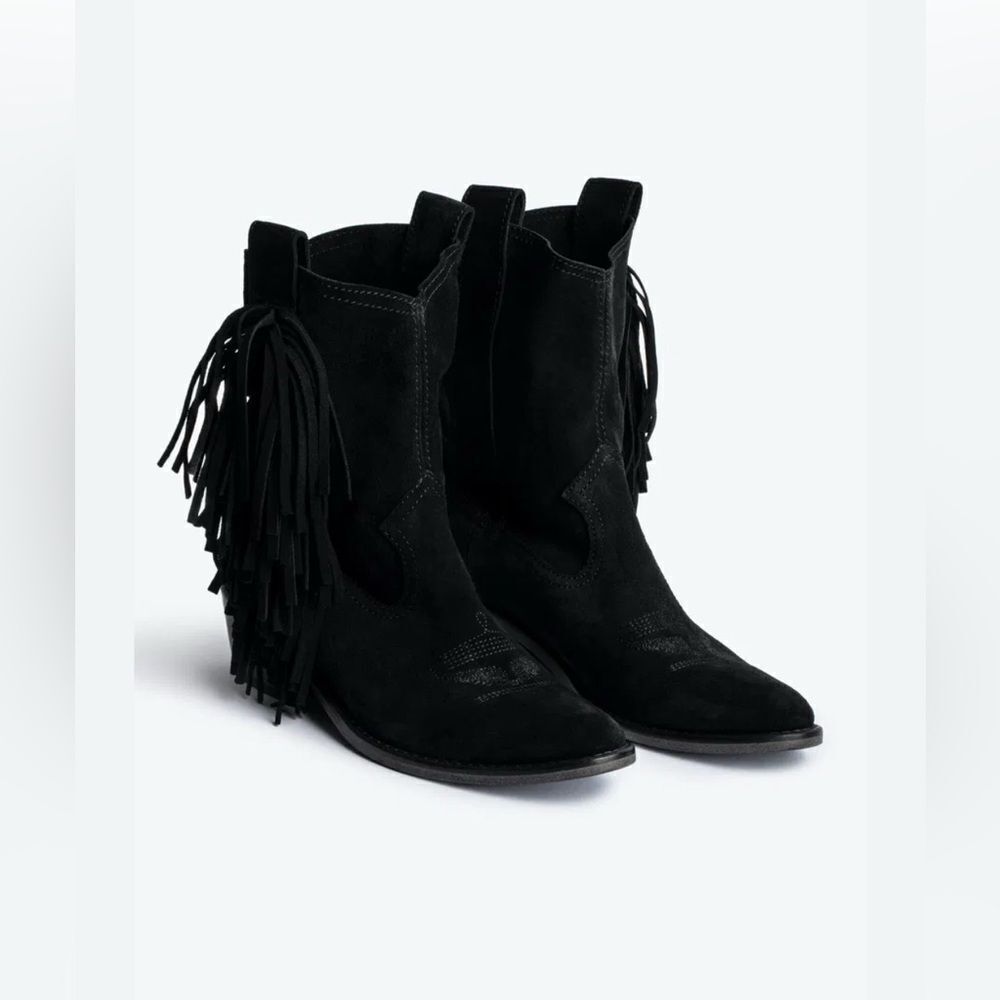 Zadig & Voltaire Pilar Western Fringe Boots Black Suede Ankle French 37/US 6